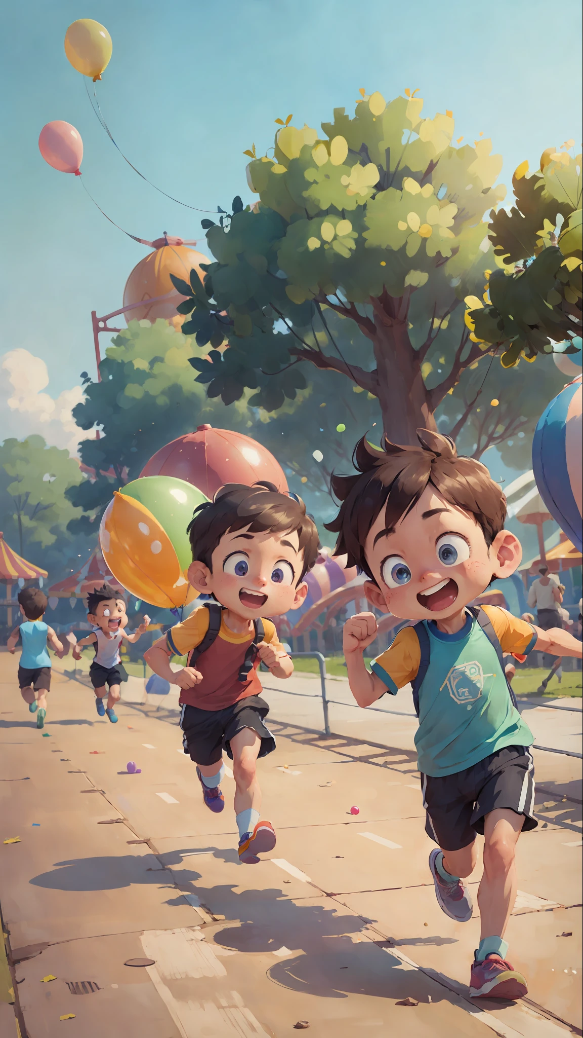 (SFW), 兩個奔跑的男孩, 游乐园, 拿著氣球, 快乐的, 快乐的, 完美品質, 明确重点, 丰富多彩的, 完美脸蛋, 复杂的细节, 超低视角, 广角镜头--v 6