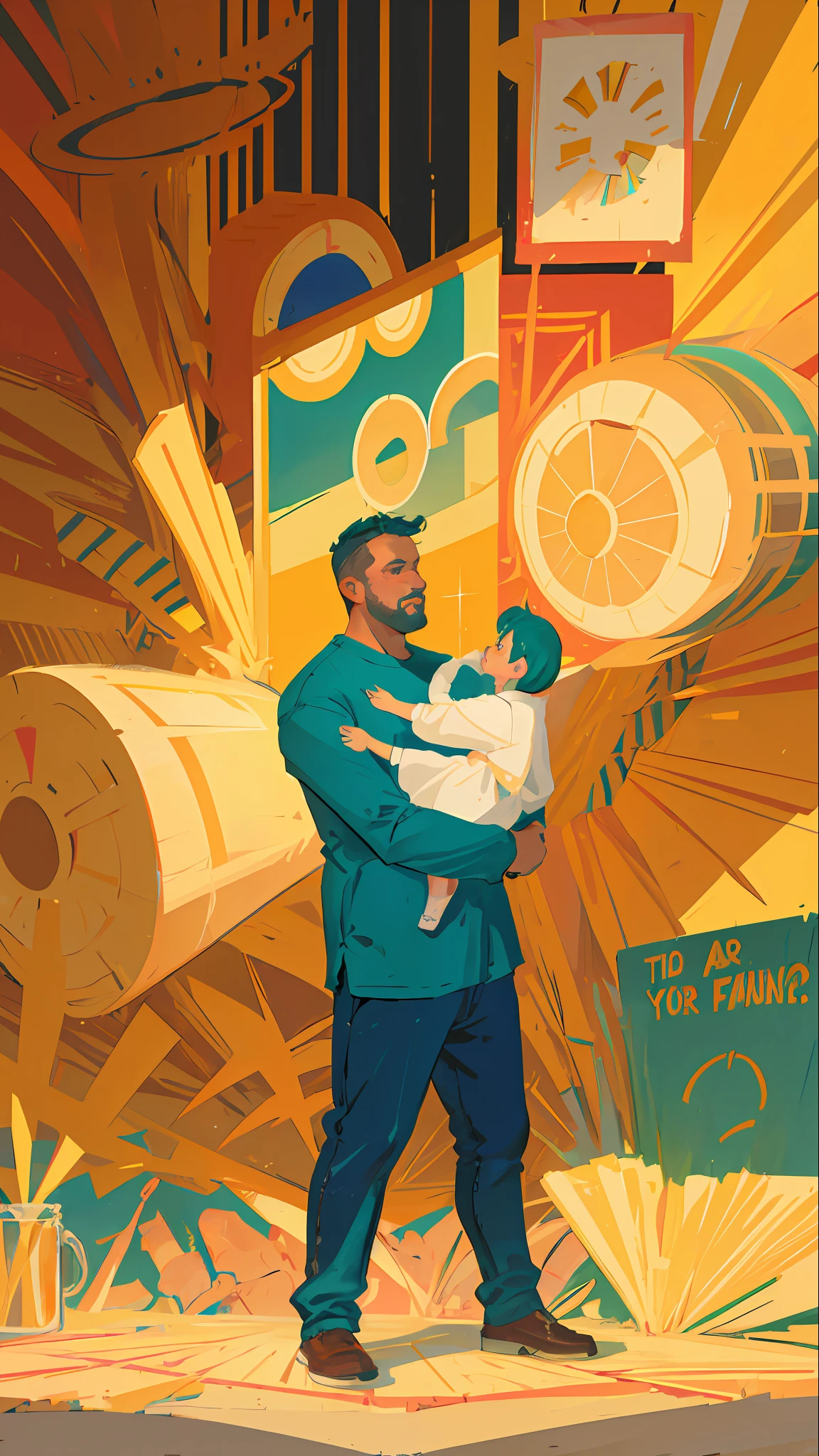 Father's Day poster, flat illustration, strong father holding cute , sparkling big eyes, warm home background, perspective, chiaroscuro, warm color, bright background, flat illustration father ,--v6
