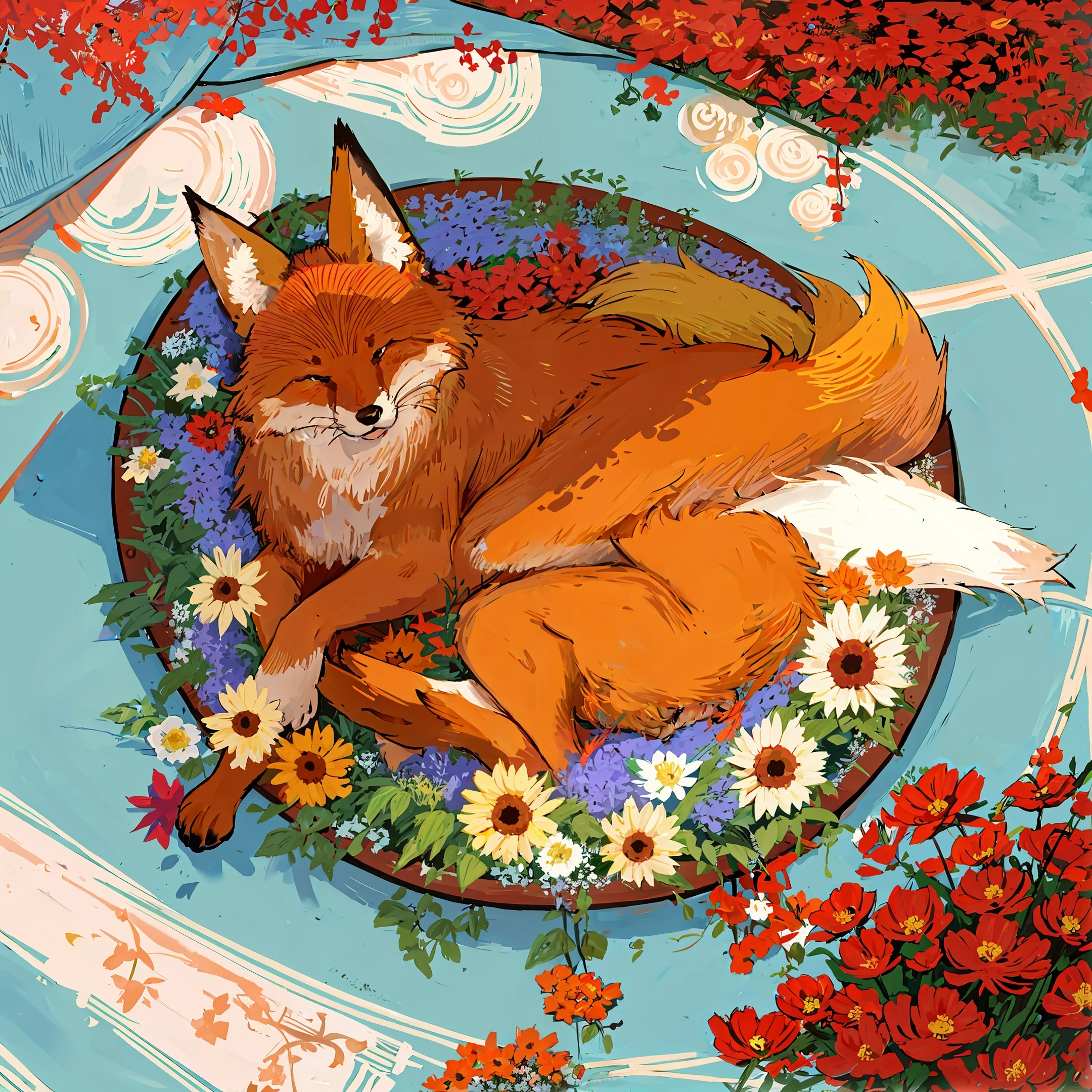 curled up fox on a circle bed of flowers