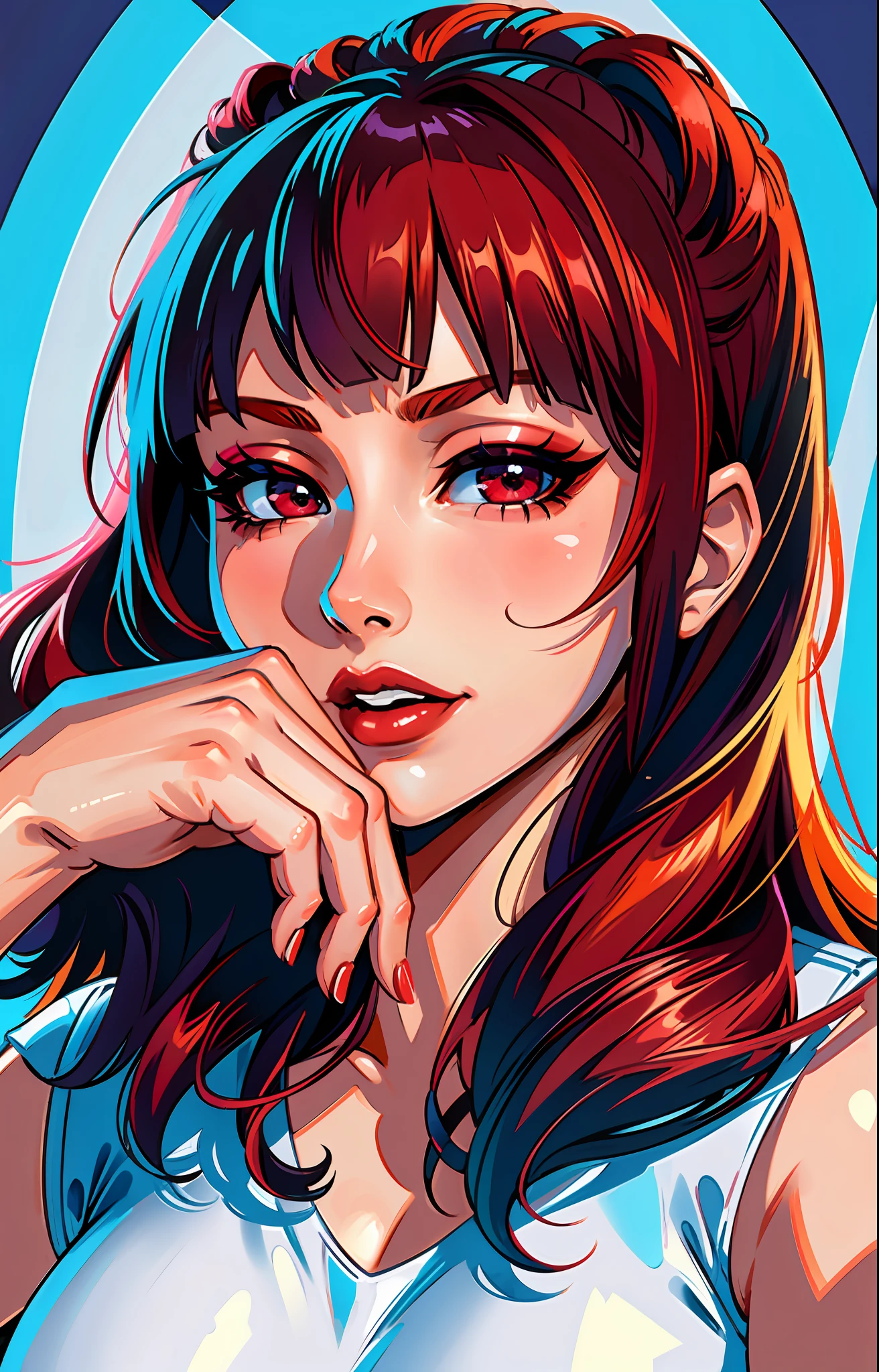 (masterpiece),(best quality:1.0), (ultra highres:1.0), detailed illustration, 8k, anime, 1girl, beautiful anime girl, wearing a red top, pretty face, detailed face, beautiful eyes, detailed eyes, dark red eyes, bright red lips, red lipstick, beautiful stylish hair, highlights in hair, bangs anime style, best quality, vibrant