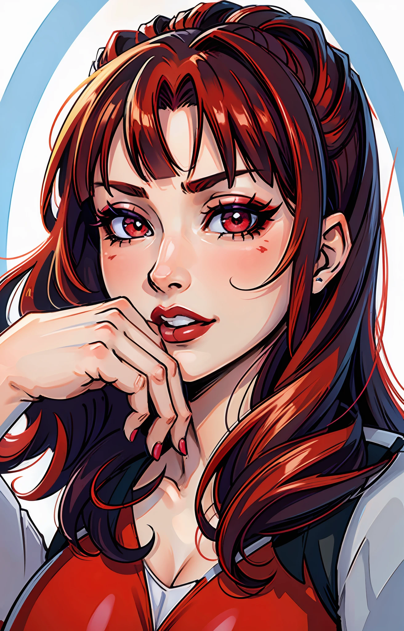 (masterpiece),(best quality:1.0), (ultra highres:1.0), detailed illustration, 8k, anime, 1girl, beautiful anime girl, wearing a red top, pretty face, detailed face, beautiful eyes, detailed eyes, dark red eyes, bright red lips, red lipstick, beautiful stylish hair, highlights in hair, bangs anime style, best quality, vibrant