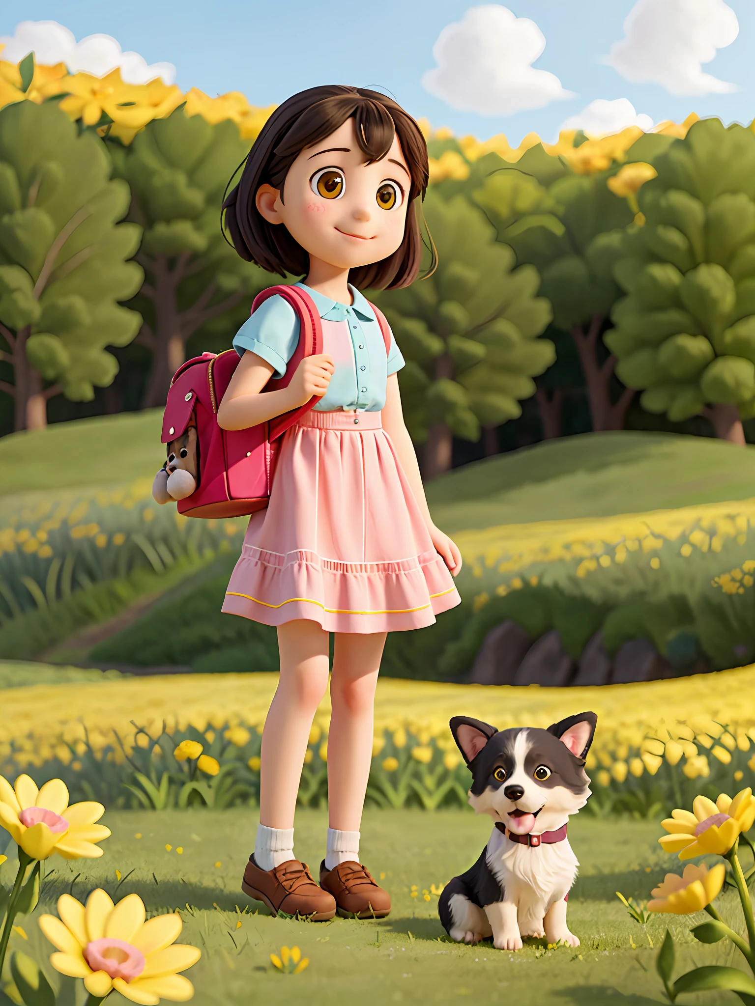 Una chica muy encantadora con una mochila y su lindo cachorro border collie disfrutando de una encantadora excursión primaveral rodeada de hermosas flores amarillas y naturaleza.. La ilustración es una ilustración de alta definición con resolución 4K con rasgos faciales muy detallados e imágenes de estilo dibujos animados..