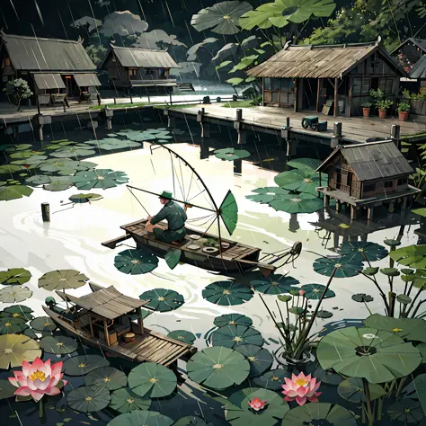 (it is raining heavily), the man sits fishing, lotus, lotus leaves, rain, boats, fish, there are houses on the shore, large wood...