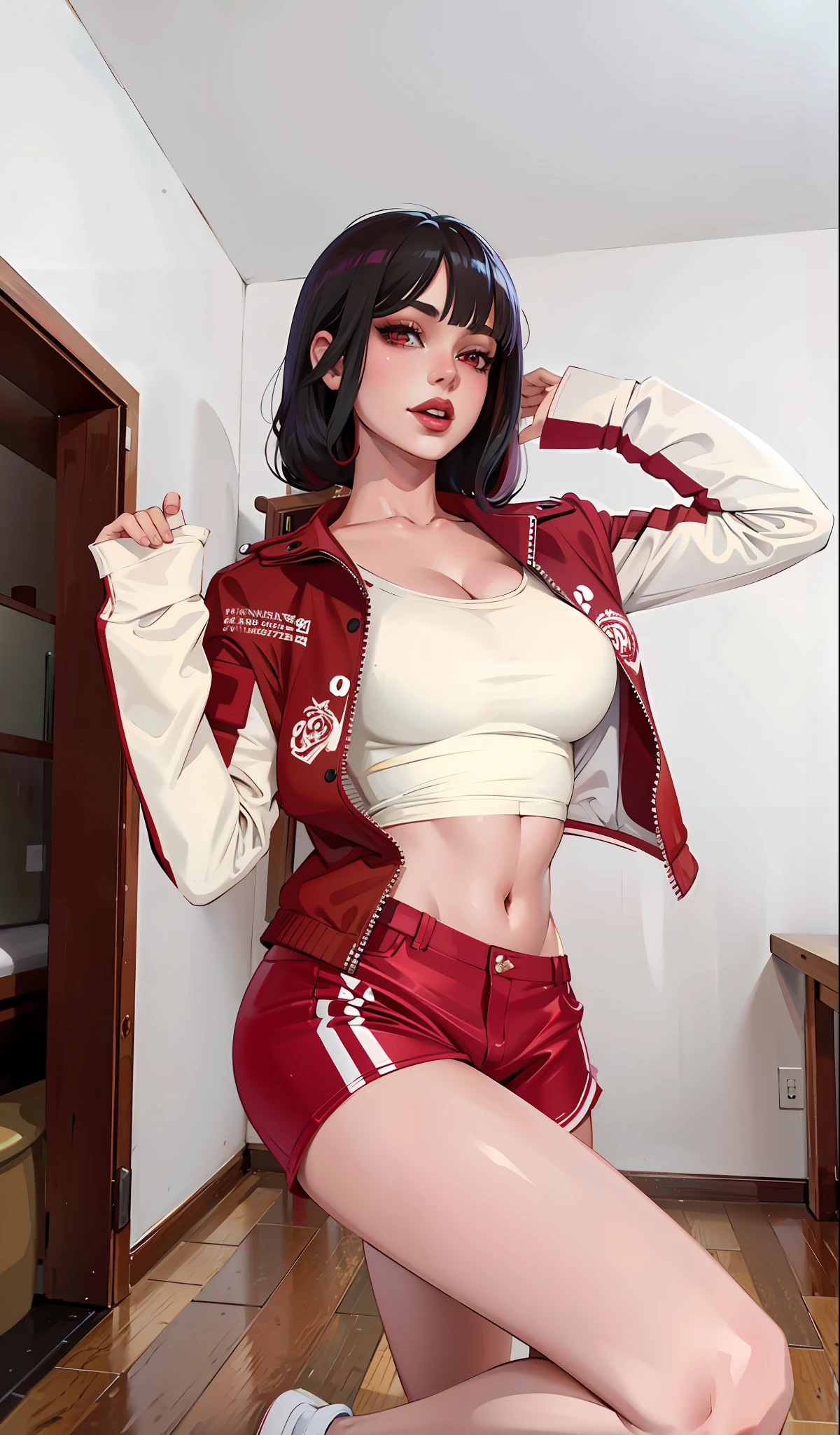 (masterpiece),(best quality:1.0), (ultra highres:1.0), detailed illustration, 8k, anime, 1girl, beautiful anime girl, wearing a red jacket, white crop top, red shorts, posing, pretty face, detailed face, beautiful eyes, detailed eyes, dark red eyes, bright red lips, red lipstick, beautiful stylish hair, highlights in hair, bangs anime style, best quality, vibrant