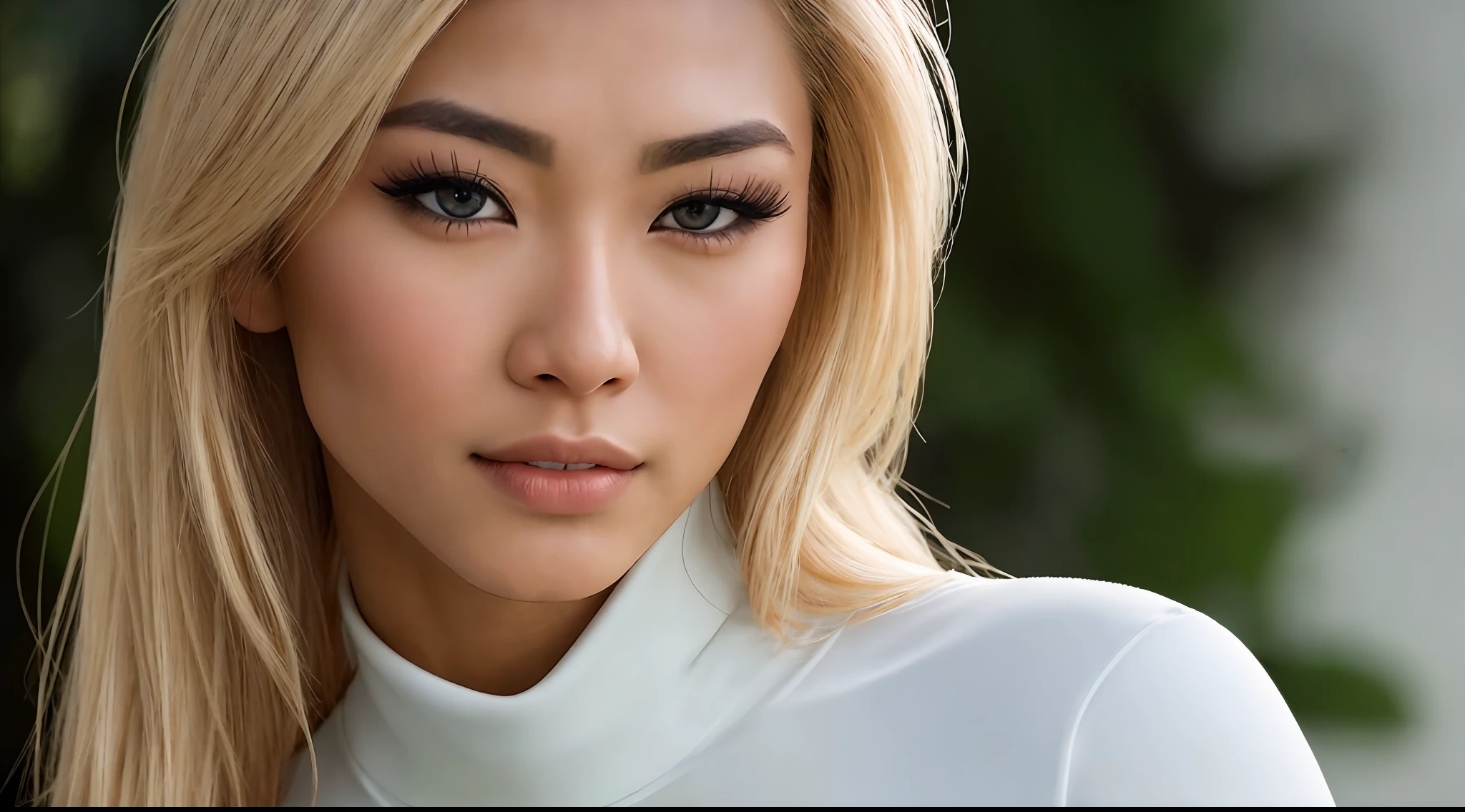 a beautiful young Asian woman with blond hair and crossed eyes, a bodybuilder physique, wearing a white turtle neck shirt, cinematic medium close-up portrait, Key light, backlight, natural lighting, photography 400 ISO film grain 30mm lens RAW aperture f1.8, art photographer, movie still poster from Lord of the Rings, medium intricate print, choker