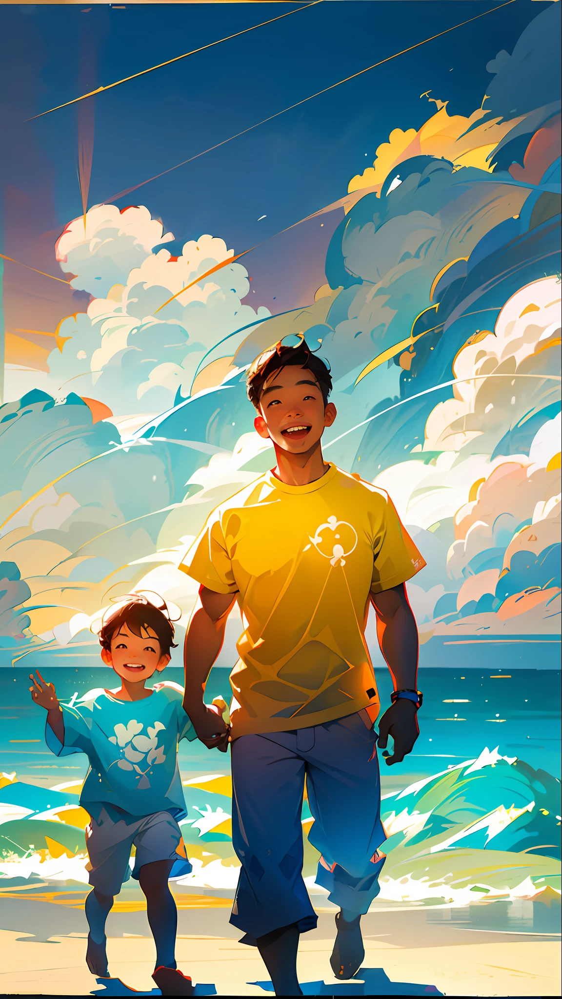 Illustration poster,, flat illustration, Father's Day, Asia, father and son, father smile, clear facial features, smile happiness on face, shirt, middle-aged father holding , seaside, sunny, blue sky and white clouds, warm background for two people, bright colors, high saturation, contour light, warm bright, colorful, HD 8K--v6