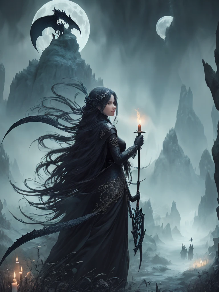 there is a woman holding a large scythe with a candle in her hand, dark ...