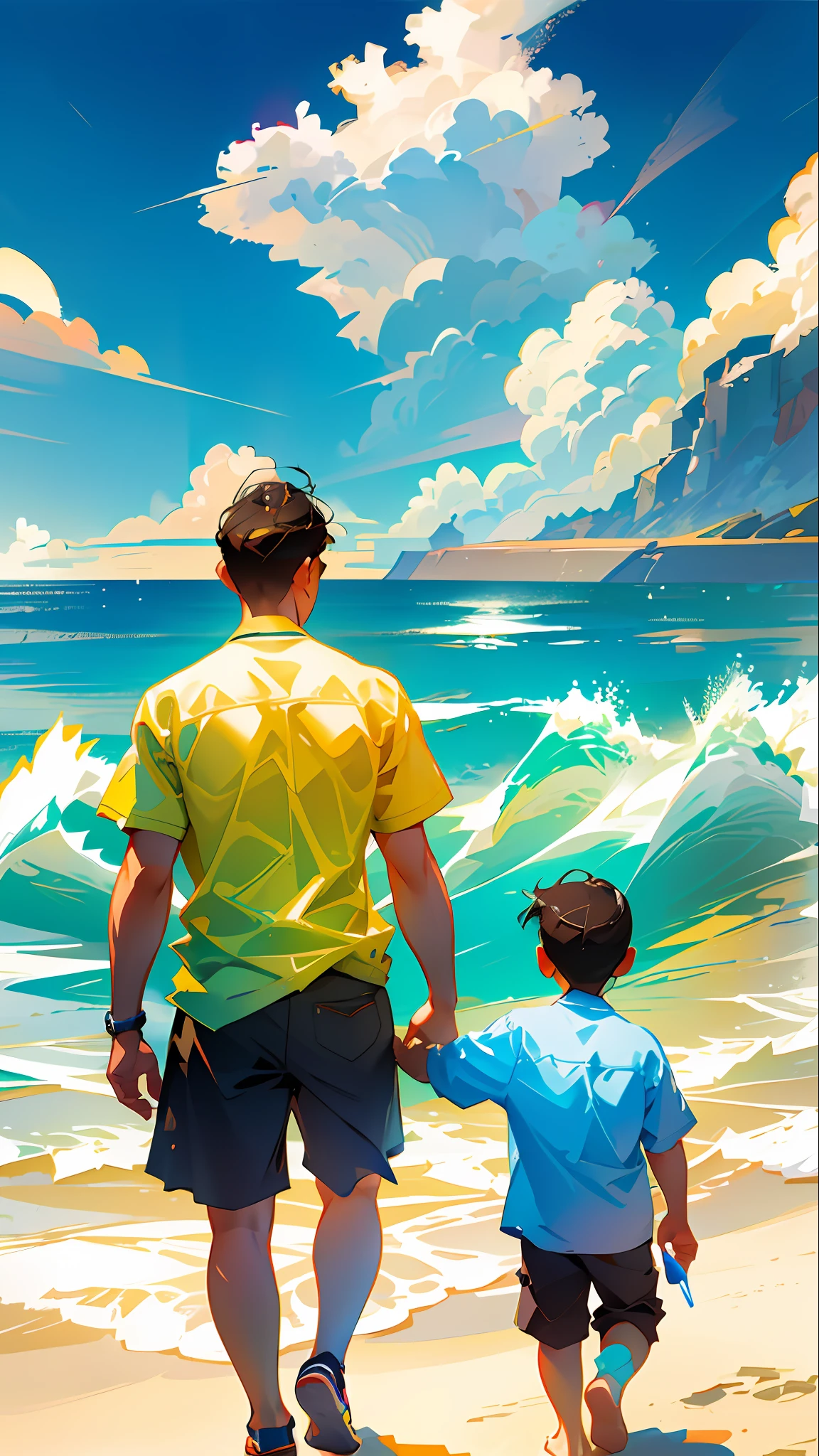 Illustration poster,, graphic illustration, Father's Day, Asian, middle-aged father and son,; The back of two people, shirt, middle-aged father leading the , seaside, sunny, blue sky and white clouds, sand, bright colors, high saturation, contour light, warm and bright, colorful, HD 8K--v6