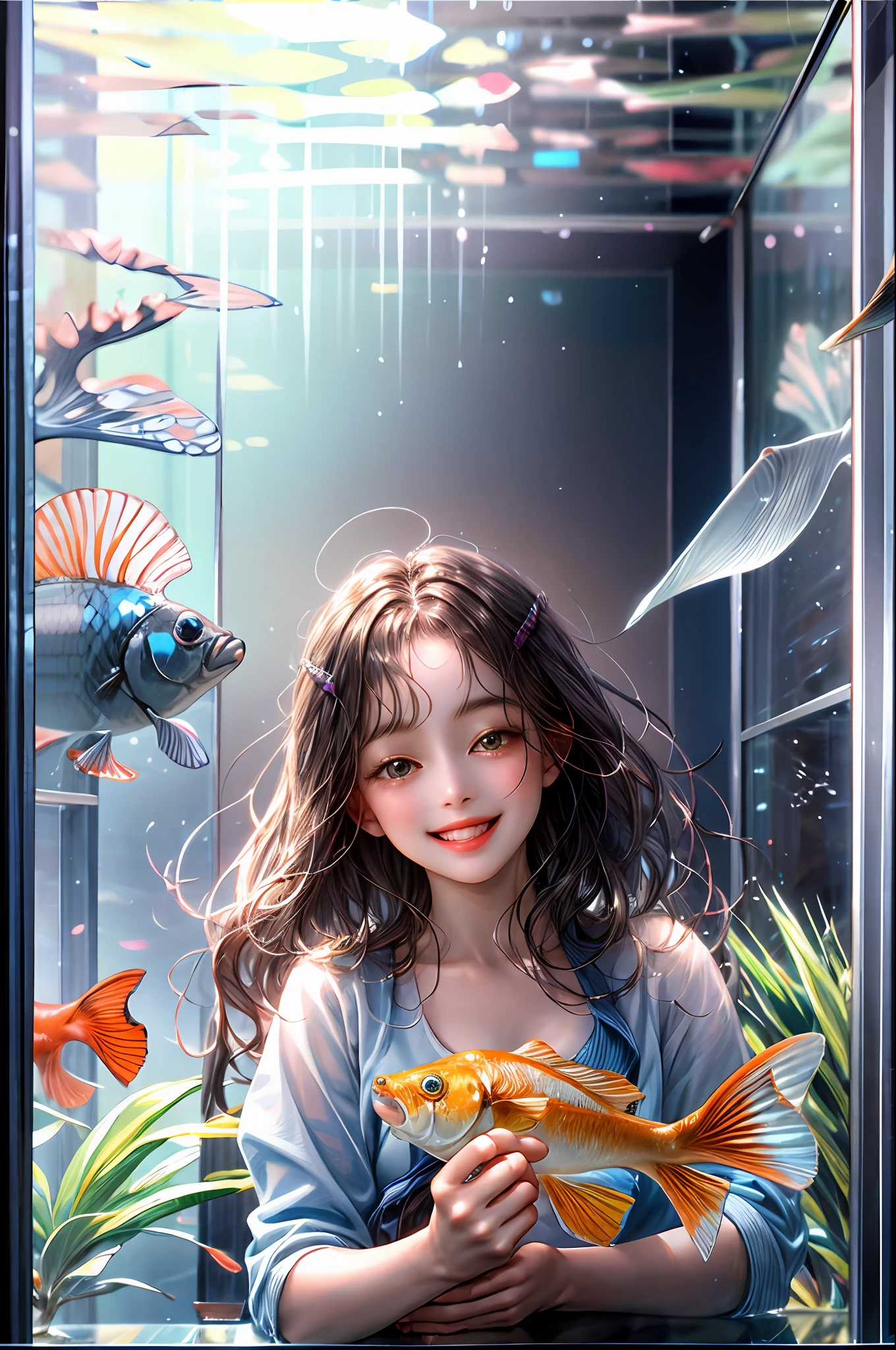 00:21:02
A girl smiling happily seeing her pet fish in a fish tank