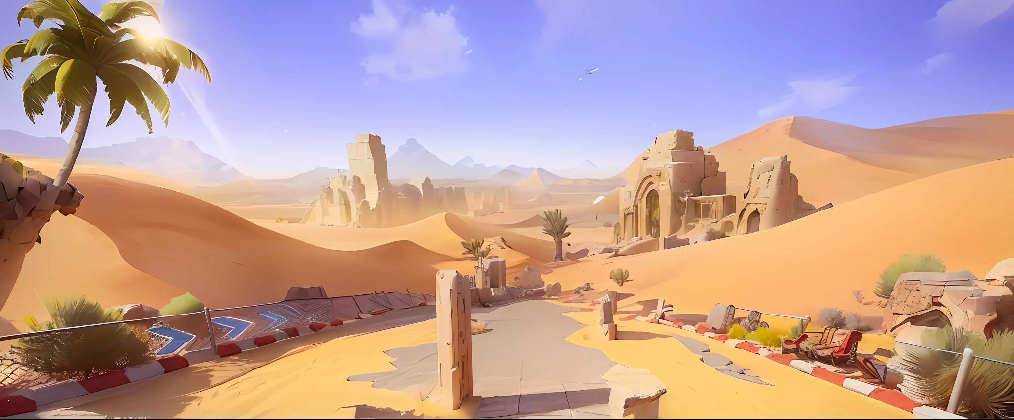 3D model HD rendering, 3D, architectural rendering, orthographic isometric view, 45-degree angle, (gray background), high detail, film, global illumination, realistic lighting, Unreal Engine rendering, Substance 3D, octane rendering, (hdr:1.3) , ( gun weapon Factory), cartoon style, desert, lava, stones, dust, sky, trees, cracks, yellow sky, many clouds