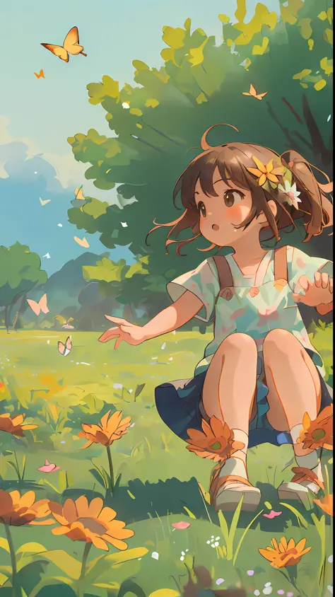 High Detail, Ultra Detail, Ultra High Resolution A cute and innocent girl, child, toddler, enjoying her time in the open field, surrounded by the beauty of nature, warm sun sprinkling on her, wildflowers gently swaying in the breeze. Butterflies and birds flutter around her, adding to the playful atmosphere