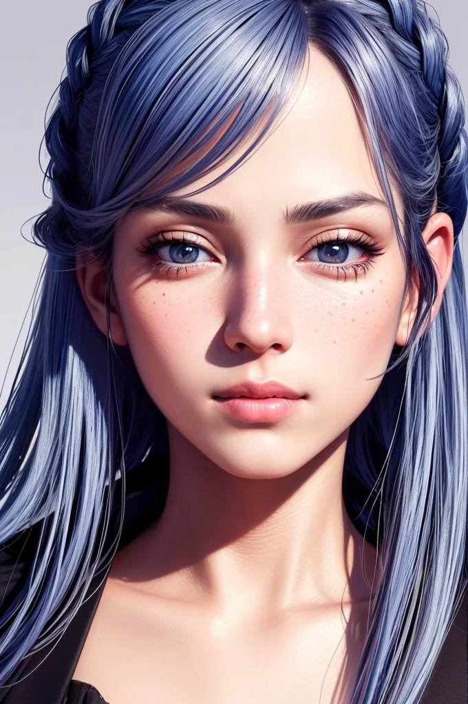masterpiece, solo, highly detailed, ultra-detailed, ultra high res, (photorealistic:1.333), (best quality), (best shadow),detailed, perfect lighting, white hair, very long hair, braids, [face freckles], (blue eyes),, smokey make up, close up, portrait, (wlop)