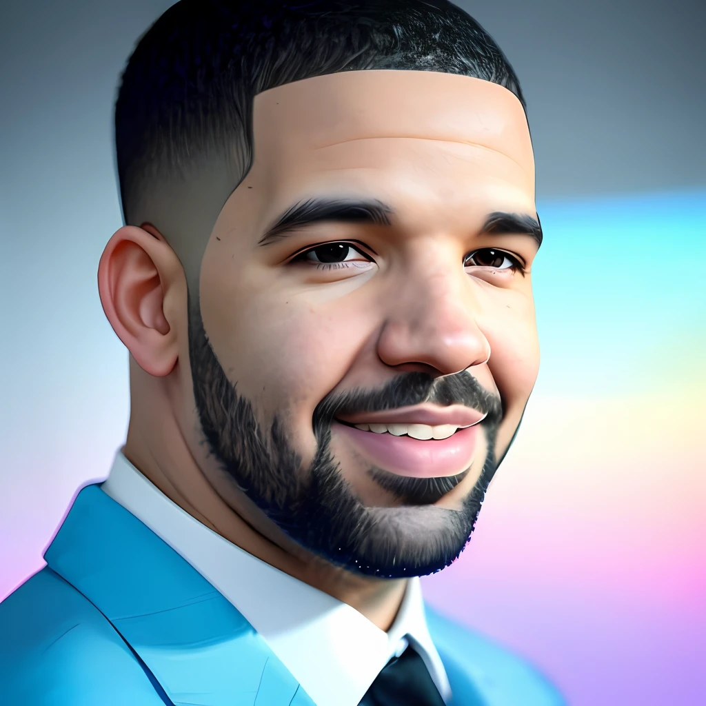 Drake, smile, a little beard, inch, small head proportions, wearing a suit, neon lights on the body, background pastel neon gradient, original simulation style, charming eyes, charming expression. The background should be neutral and simple, pay close attention to details such as highlights and shadows on his face and hair to create a realistic and realistic image. Try different lighting techniques to enhance the mood and atmosphere of your portrait. Highly detailed skin, skin details, sharp focus, volumetric fog, 8k uhd, DSLR, high quality, film grain, fujifilm XT3, bright smile, teeth, (best quality: 1.4), (masterpiece: 1.4), (detail: 1.3), blue-violet pastel background: 1.5, close-up: 0.5), (realism: 2), (best quality: 1.0), (ultra resolution: 1.0), 8k, RAW photo, (masterpiece: 0.2)