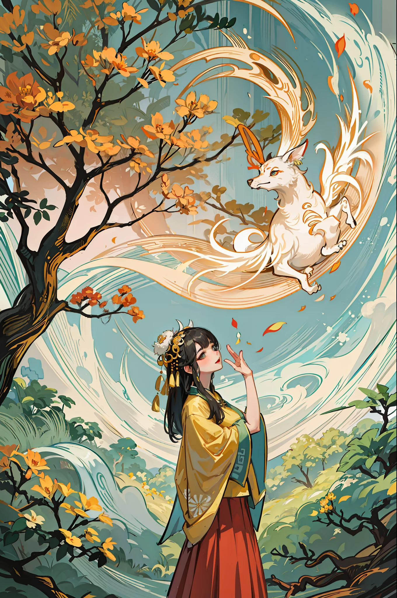 An ancient Chinese beauty standing under an osmanthus tree, charming temperament, flowing long skirt, clear face, beautiful eyes, osmanthus falling, masterpiece, super detailed, epic composition, super HD, high quality, extremely detailed, official art, unified 8k wallpaper, super detailed, 32k --v 6