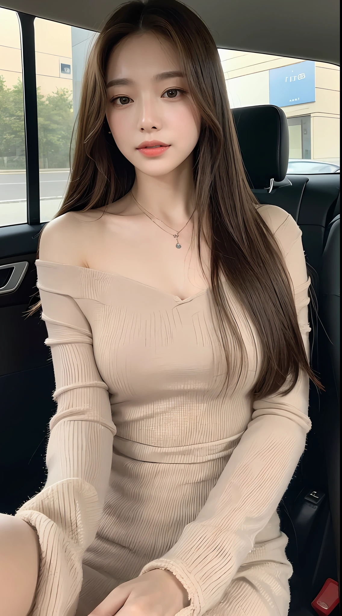 ((Best Quality, 8k, Masterpiece: 1.3)), Focus: 1.2, Perfect Body Beauty: 1.4, Buttocks: 1.2, (Delicate Long Hair)), (Dress: 1.1) , (Sports car, street: 1.2), Highly detailed face and skin texture, Fine eyes, Double eyelids, Whitened skin, Smile, Wearing necklace, ring, person sitting inside a car.