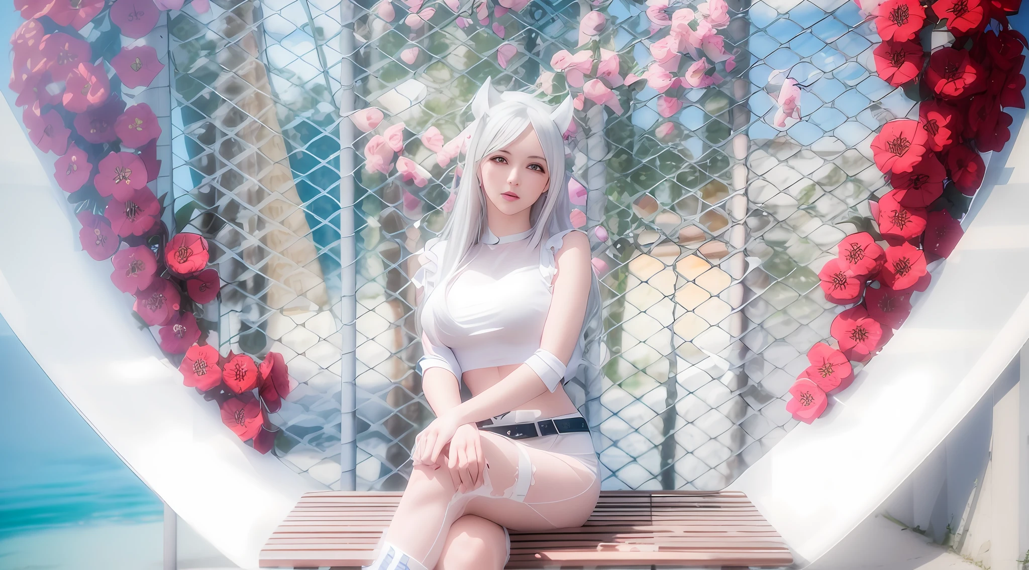 there is a woman sitting on a bench in front of a heart shaped fence, anime girl cosplay, white cat girl, trending on cgstation, realistic anime 3 d style, trending at cgstation, sakimichan hdri, tifa lockhart with white hair, seductive anime girl, perfect white haired girl, anime girl in real life, ig model | artgerm