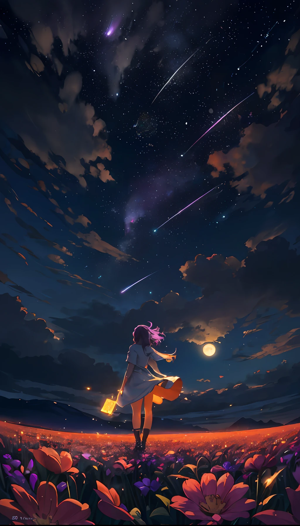 Vast landscape photo, (viewed from below, the sky is above and the open field is below), a girl standing on a flower field looking up, (full moon: 1.2), (meteor: 0.9), (nebula: 1.3), distant mountains , Trees BREAK Crafting Art, (Warm Light: 1.2), (Fireflies: 1.2), Lights, Lots of Purple and Orange, Intricate Details, Volumetric Lighting, Realism BREAK (Masterpiece: 1.2), (Best Quality), 4k, Ultra-Detailed, (Dynamic Composition: 1.4), Very Detailed, Colorful Details, (Rainbow Colors: 1.2), (Glow Lighting, Atmospheric Lighting), Dreamy, Magical, (Solo: 1.2)