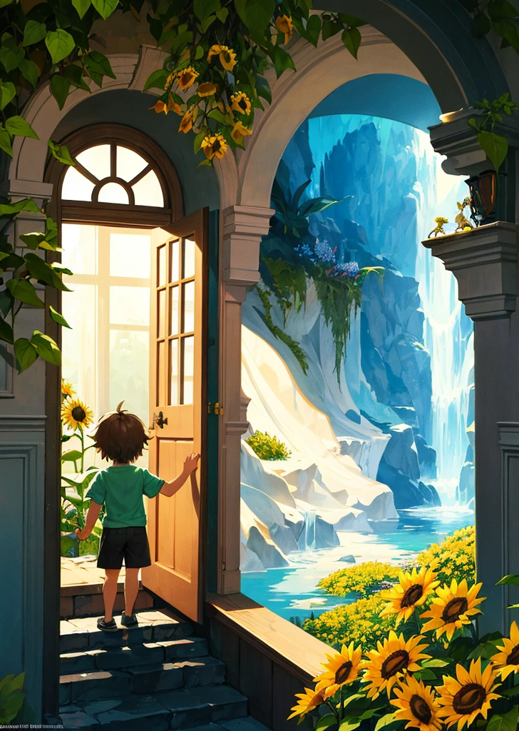 Illustration style, we see a young adventurer kid and his cute little sunflower buddie, standing with their backs to the viewer in front of a gleaming arbitrary door, mounted on a rectangular box. The child and the little sunflower partner hold hands, their eyes are towards any door, looking forward to the fantasy adventure that is about to begin. In the background, any door exudes a mysterious light, and through the crack of the door, you can see an intoxicating sight. A colorful waterfall flew out of the door, and the water rushed down, and the water droplets shone in the sunlight. The rocks next to the waterfall are covered with gorgeous flowers, creating a magnificent and beautiful sight. In the distance, you can see the floating islands, where lush forests, colorful flowers and exotic plants form a fantastical backdrop.