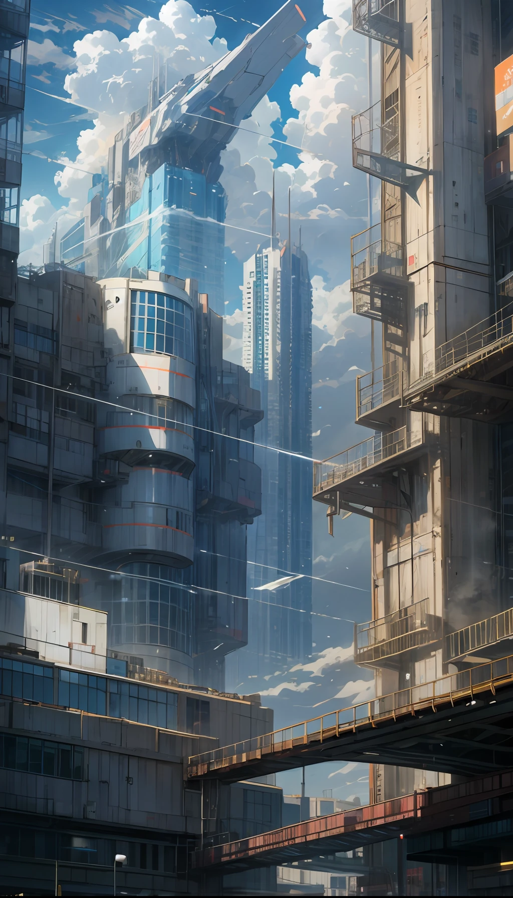 Sky, Clouds, holding_weapon, no_humans, Glow, Mecha, Architecture, Science Fiction, City, Reality --v6