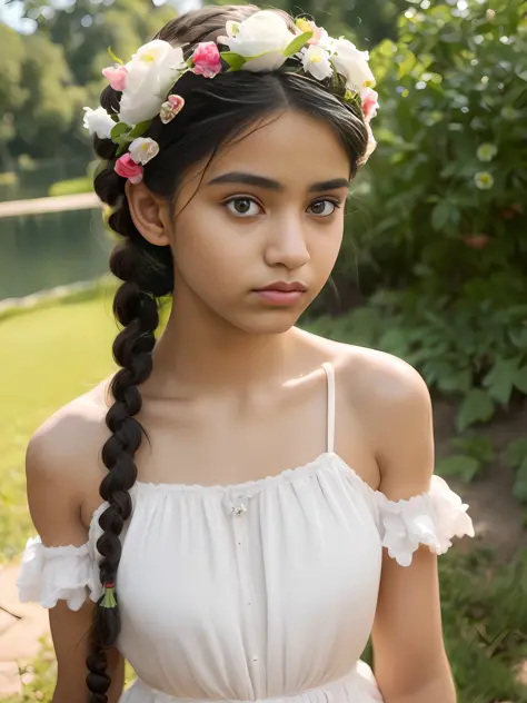 Portrait of an 18 year old cute petit teen, beautiful Indian girl, braided hair, flowers on head, cute face, wearing bare shoulder dress, in cotton panties, at the park, sexy, ultra realistic, photorealistic, detailed, fair skin, 8K detailed,