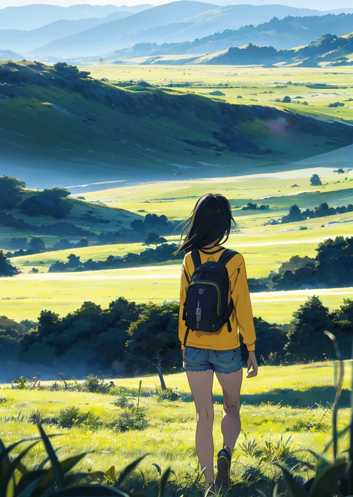 el vasto cielo, grandes pastizales, efectos visuales en movimiento, luz natural colorida, y una chica que lleva una camiseta de manga larga y pantalones cortos con una mochila se puede ver débilmente a lo lejos en medio del prado..