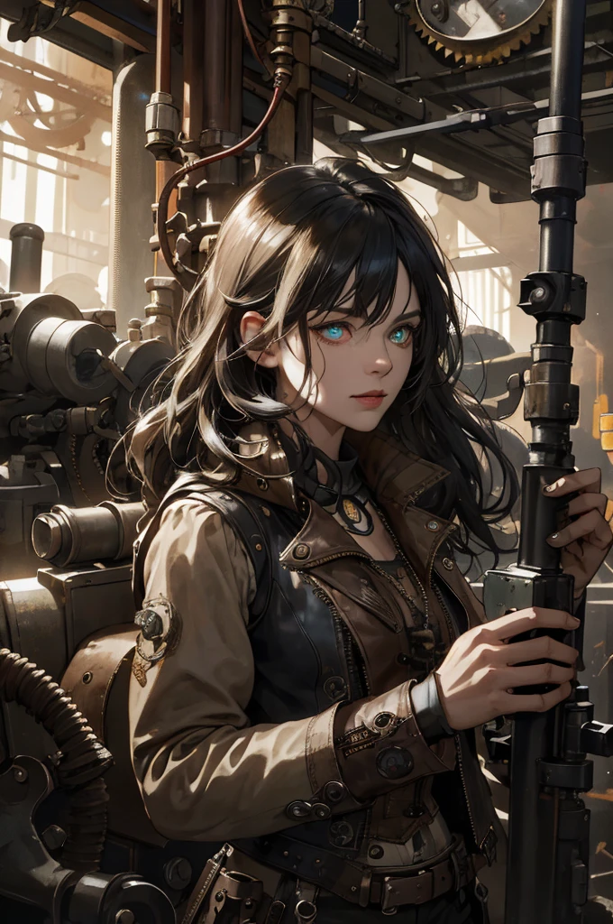 (absurdres, highres, ultra detailed), 1woman, mature female, aged up, wavy long hair, split-color hair, heterochromia, bangs, long sleeves, finely detailed eyes and detailed face, extremely detailed CG unity 8k wallpaper, intricate details, (style-rustmagic:0.8), (medieval cyborg:0.8), portrait, (bloody wounds:0.7), looking at viewer, solo, half shot, detailed background, (steampunk theme:1.1) determined expression, dark couds technomancer, floating lights, color leather vest with gears, techwear, jetpack, workshop in background, machines, gears, steam, industry, technology, furnace, grime, anvil, buttons, levers, automaton, electricity, electric sparks epic atmosphere,, portrait