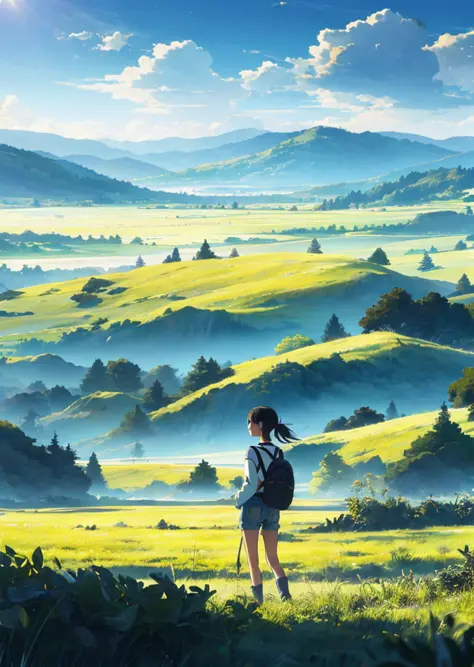 The vast sky, the vast grassland, the moving visual effects, the colorful natural light, and a girl wearing a long-sleeved top and denim shorts with a backpack can be faintly seen in the distance in the middle of the meadow.