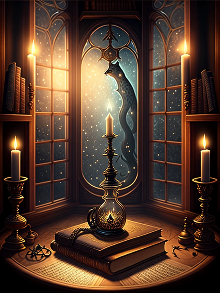 A table with lots of books next to the window, dark fantasy digital art, leopard, holding spell book, black background pinterest, spell casting on medicinal water, lab, ominous atmosphere, dripping candles, dusty library, alchemy, earth magic, hecate