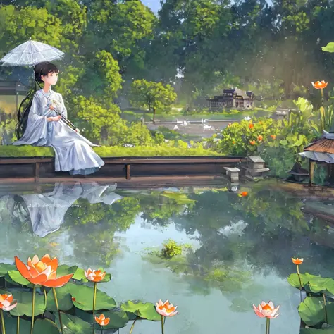 (It's drizzling), (8K, best quality: 1.2), (masterpiece: 1.37), (photo, realism: 1.37), (ultra-high resolution), full body, quiet pond with lotus leaves, water wheels turning, willow leaves hanging down above the picture, two mandarin ducks in the water, f...