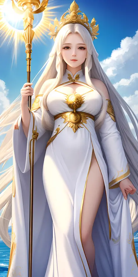 masterpiece, best quality, ultra-detailed, goddess, white robe, long hair, gold hair, staff, sun shine, blue sky