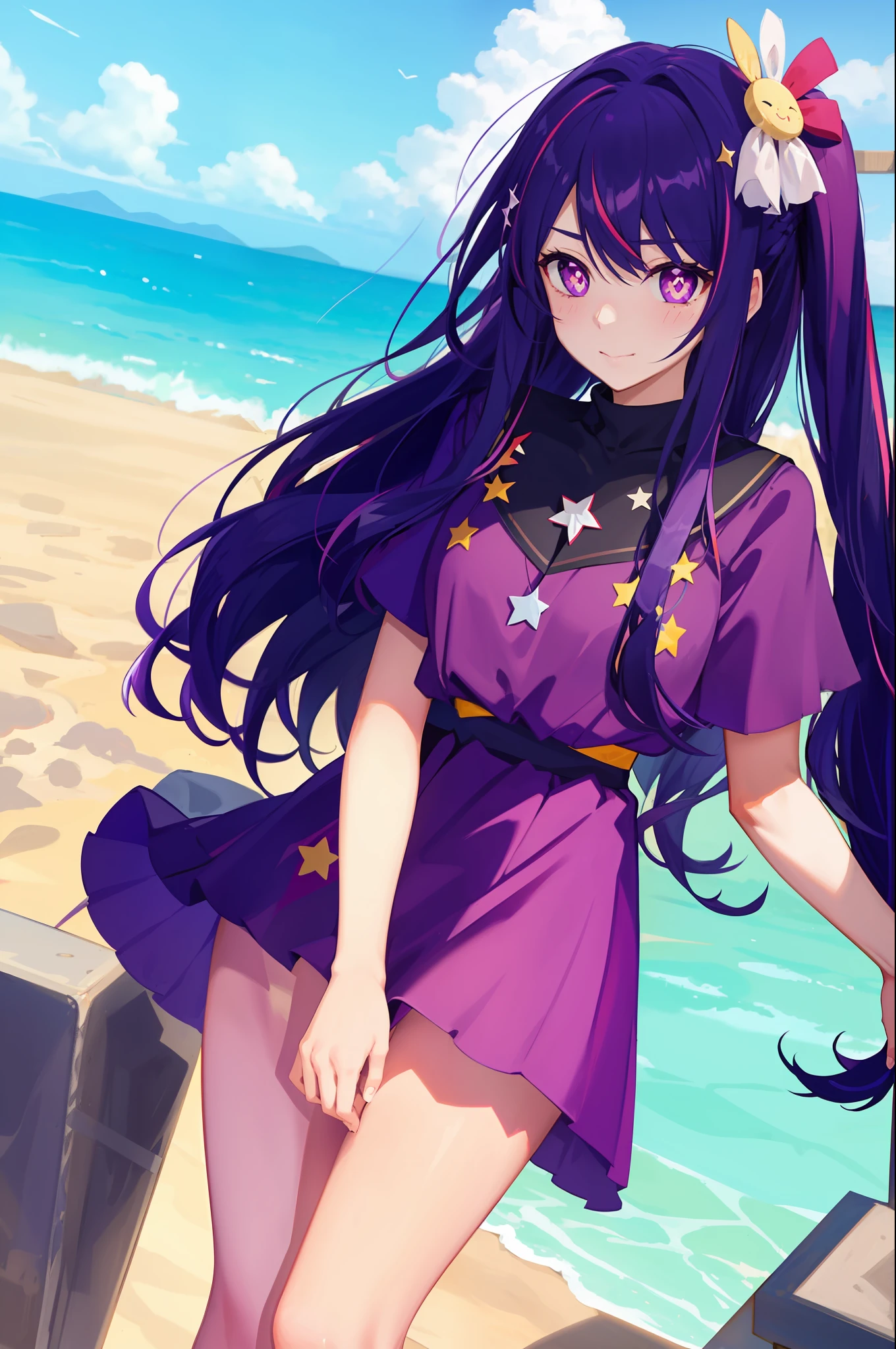 Anime girl in purple dress standing on a beach with a starfish in her hair  - SeaArt AI