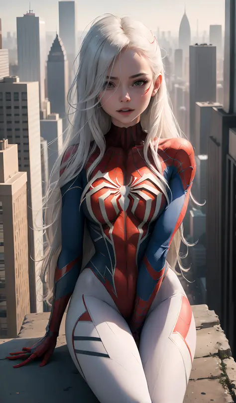 4k, realistic, carismatic, very detail, there is a girl on top city, wearing spiderman costum, she is a spiderman, white super hero theme, white long hair, 25 years old, full body