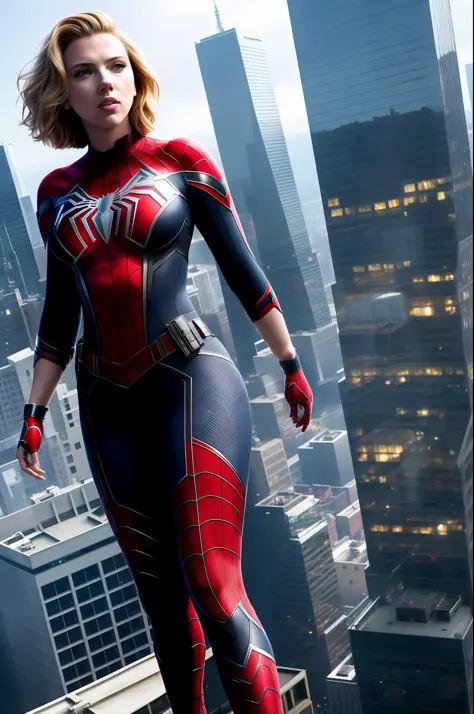 Scarlett Johansson, beauty, Spider-Man tights, full body shot, prominent figure, standing on the edge of a skyscraper, photo (Masterpiece) (Best quality) (detail) (8K) (HD) (Wallpaper) (Cinematic lighting) (Sharp Focus) (Intricate)