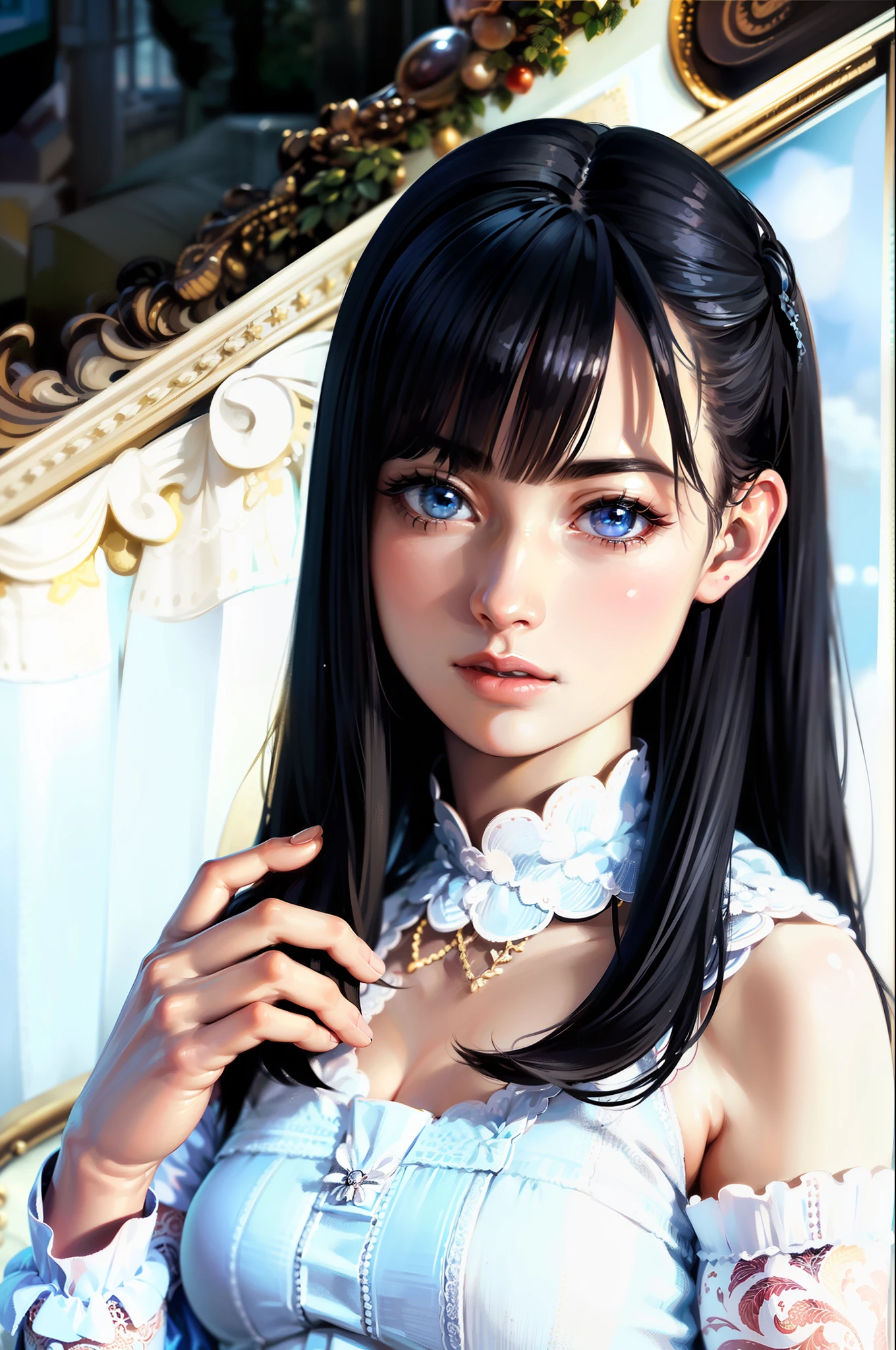 high quality fingers, normal hands, detailed fingers,masterpiece, (realistic, photo-realistic:1.37), (22 years old woman), medium breast, small waist, black hair  glamour, blue eyes, beautiful face, perfect illumination, beautiful detailed eyes,looking at viewer, stunningly beautiful woman, detailed hairstyle,  detailed background, bedroom, bed, sexy one piece bedwear with laces
