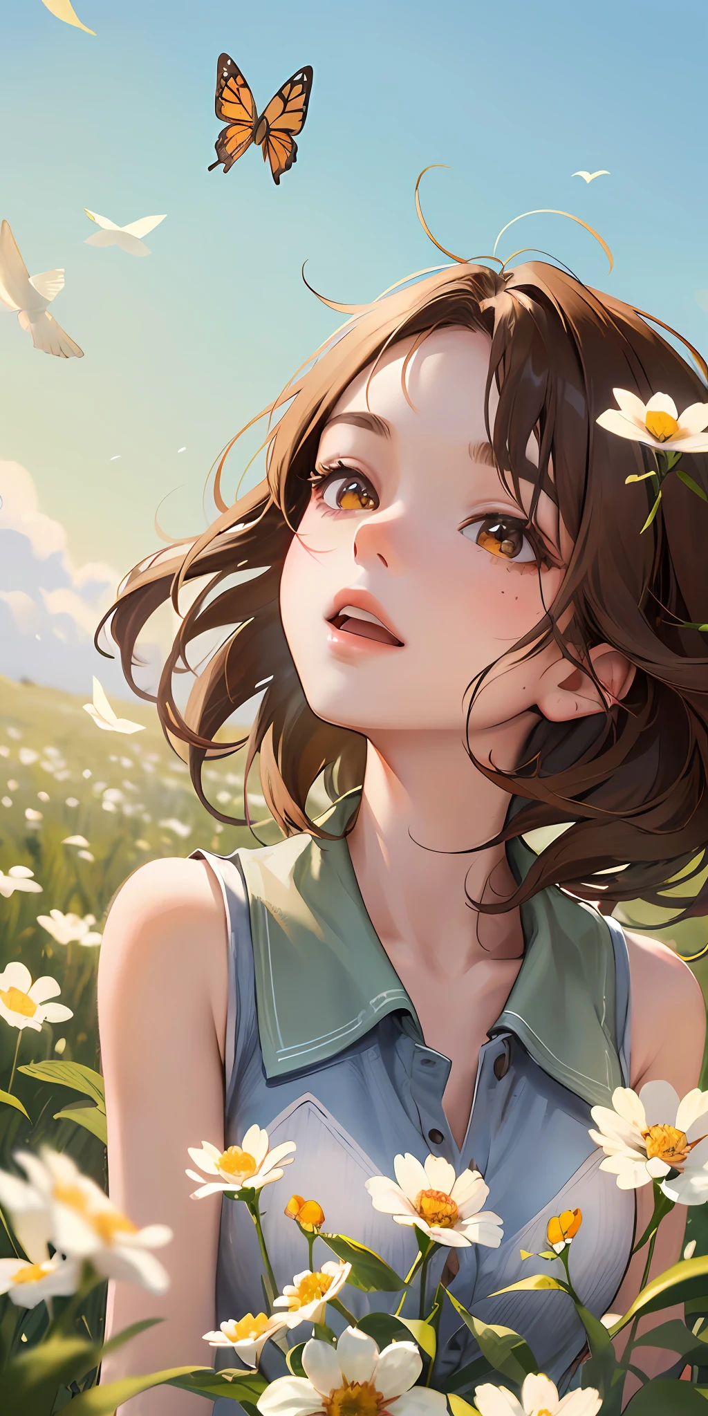 High Detail, Ultra Detail, Ultra High Resolution Light brown eyebrows, short brown hair girl enjoying her time in open field, surrounded by the beauty of nature, warm sun sprinkling on her, white flowers gently swaying in the breeze. Butterflies and birds flutter around her, adding to the playful atmosphere ,--v6