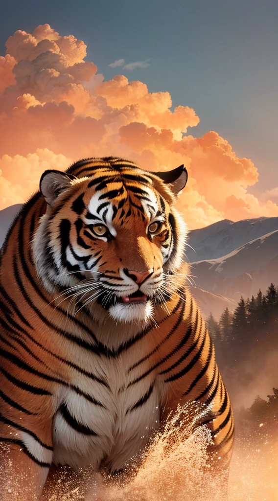 [虎年], [A ferocious tiger with black stripes, set against a mountainous landscape in vibrant shades of red and orange.], [The scene is set against a misty, mountainous backdrop, with towering peaks and lush vegetation framing the tiger.], [Tense and dramatic, the atmosphere is charged with an air of impending danger and exhilaration.], [The atmosphere is vibrant and energized, with the bold, fiery colors creating a sense of dynamism and excitement.], [The fiery light of the sun sets the mountain range ablaze with blazing hues, casting deep shadows and creating a sense of dimensionality that brings the scene to life.]