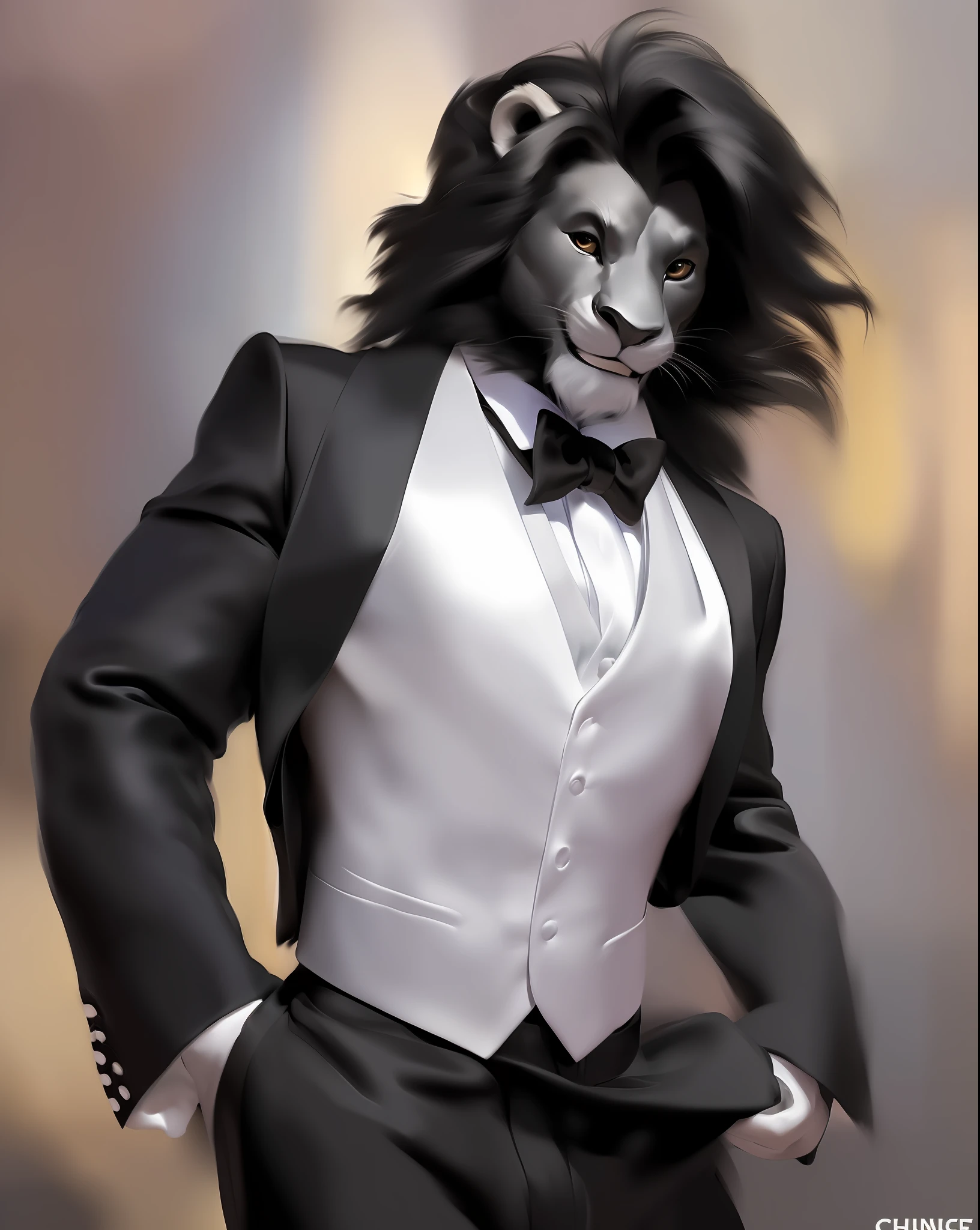 ((Solo)), (anthropomorphic: 0.9) dark gray lion, (black mane: 0.8), short, front fringe, light gray belly, (adolescent: 0.7), (muscular: 0.8), (tuxedo: 0.9) smiling, happy facial expression (from chunie).