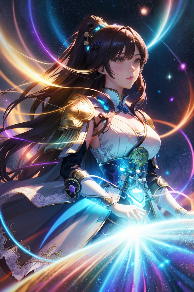 garota de anime com cabelo brilhante e uma espada na mão, lindo mago celestial, retrato cavaleiros da garota do zodíaco, ilustração de fantasia de anime, inspirado em Li Mei-shu, por Yang J, arte digital detalhada de anime, artgerm extremamente detalhado, digital anime art, personagem épica de garota maga, arte de fantasia de anime, 2. 5 d cgi arte de fantasia de anime