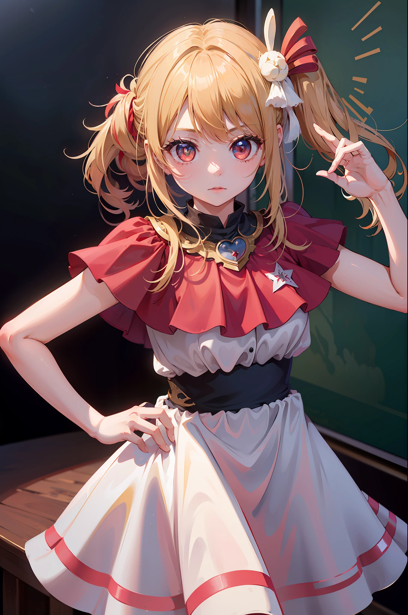 1girl, solo, best quality, masterpiece , Ruby Hoshino,  hair ornament, sparking eyes, star on eye, (star on right eye:1), (dress:1.4), blonde hair, long gair, red pupils, star on right eye, hair ornament, one side ponytail, red eyes, hoshino ruby, oshi no ko, school uniform, classroom