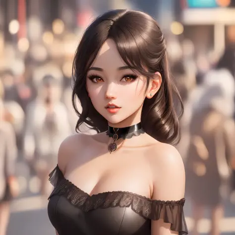 "Masterpiece, high quality, detailed, high resolution, 4k, 8k, realistic skin texture, amazing shadows, perfect lighting, anime" A woman (dark hair, fair skin, choker, black dress, brown eyes, outlined eyes) taking pictures in the city, detailed streets in...