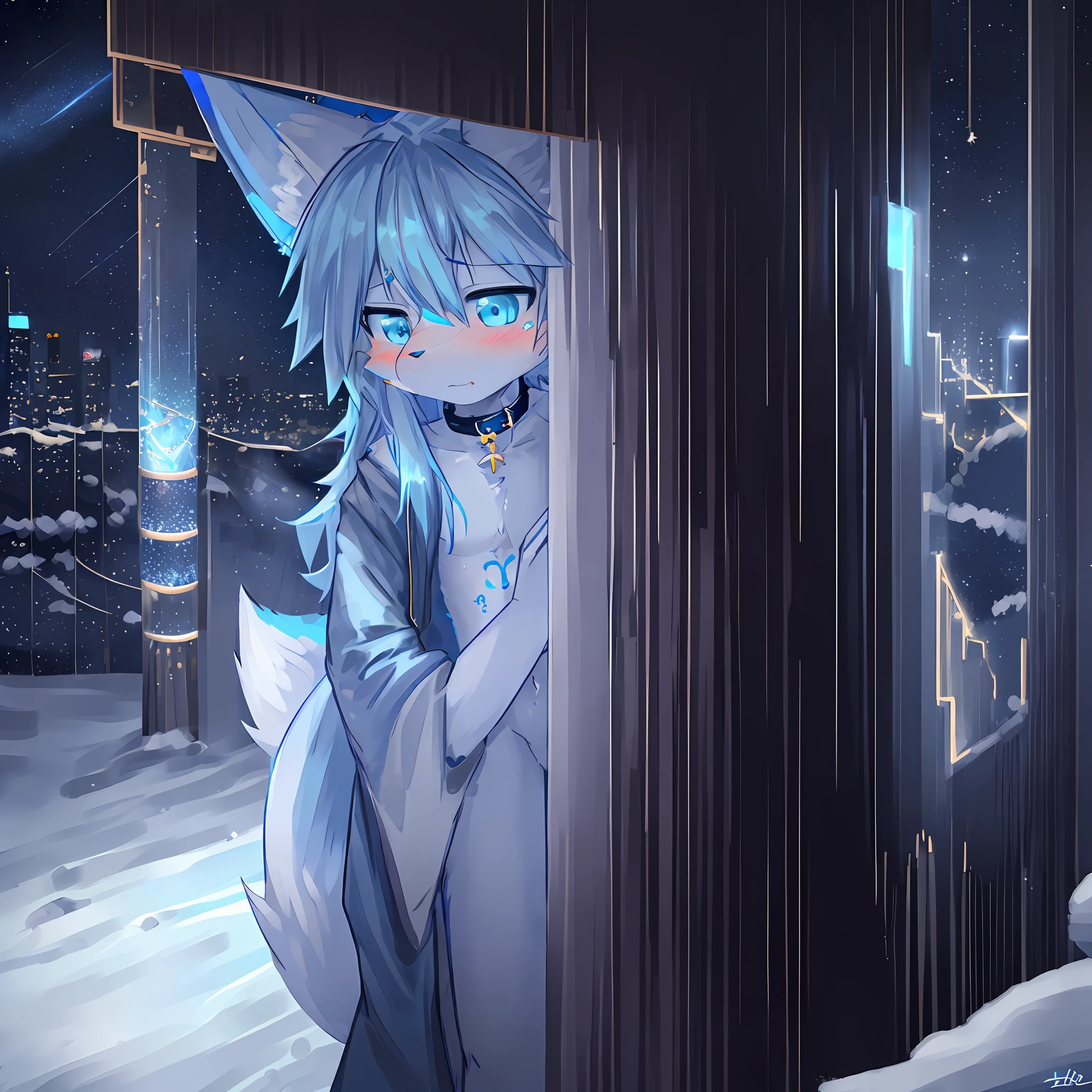 Anime girl with blue hair and blue eyes standing in front of a door -  SeaArt AI