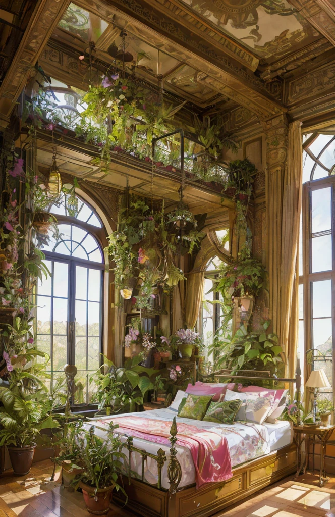 arafed bedroom with a bed and lots of plants in it, room full of plants, adorned with all kind of plants, maximalist art nouveau, overgrown with orchids, maximalism. stunning, lush plant and magical details, romantic greenery, floral jungle treehouse, trending on pinterest，maximalist, art nouveau jungle environment, maximalist, ornate retreat