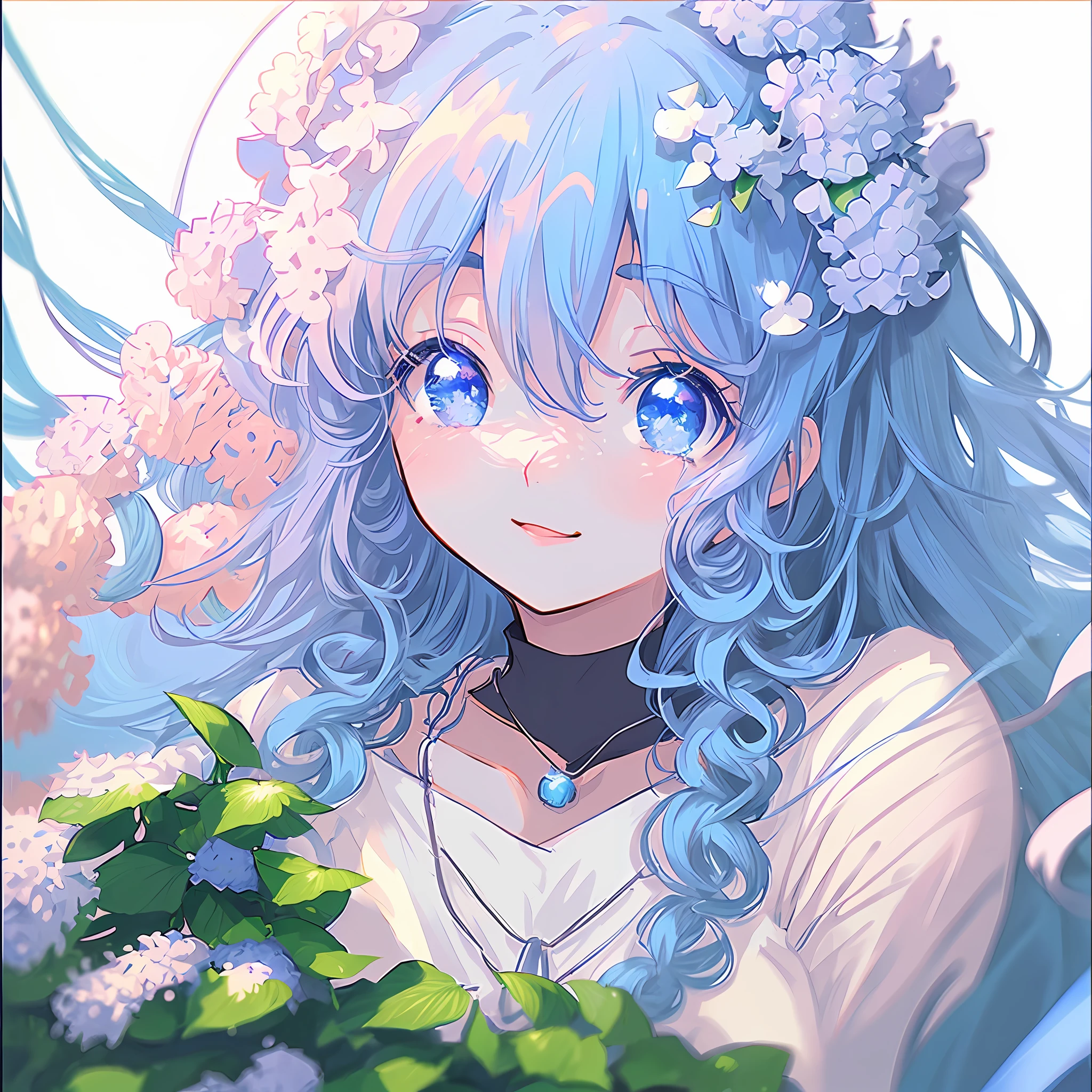 blue hair, anime, ghibli, anime style, close up, from side, first-person perspective, 8k, super detail, masterpiece,super detail, high quality, high resolution, high detail, white background, face detail, happiness, curly hair, hydrangea in hand, necklace, long hair,