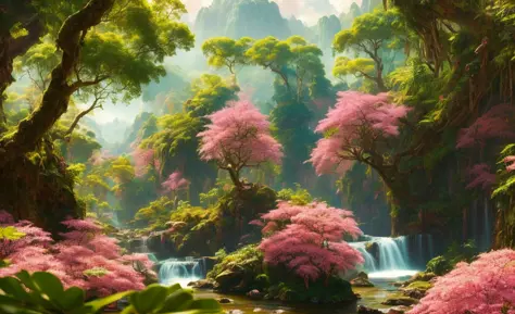 Chroma V5, nvinkpunk, (extremely detailed CG unified 8k wallpaper), majestic jungle landscape, surrounded by lush pink foliage, ...