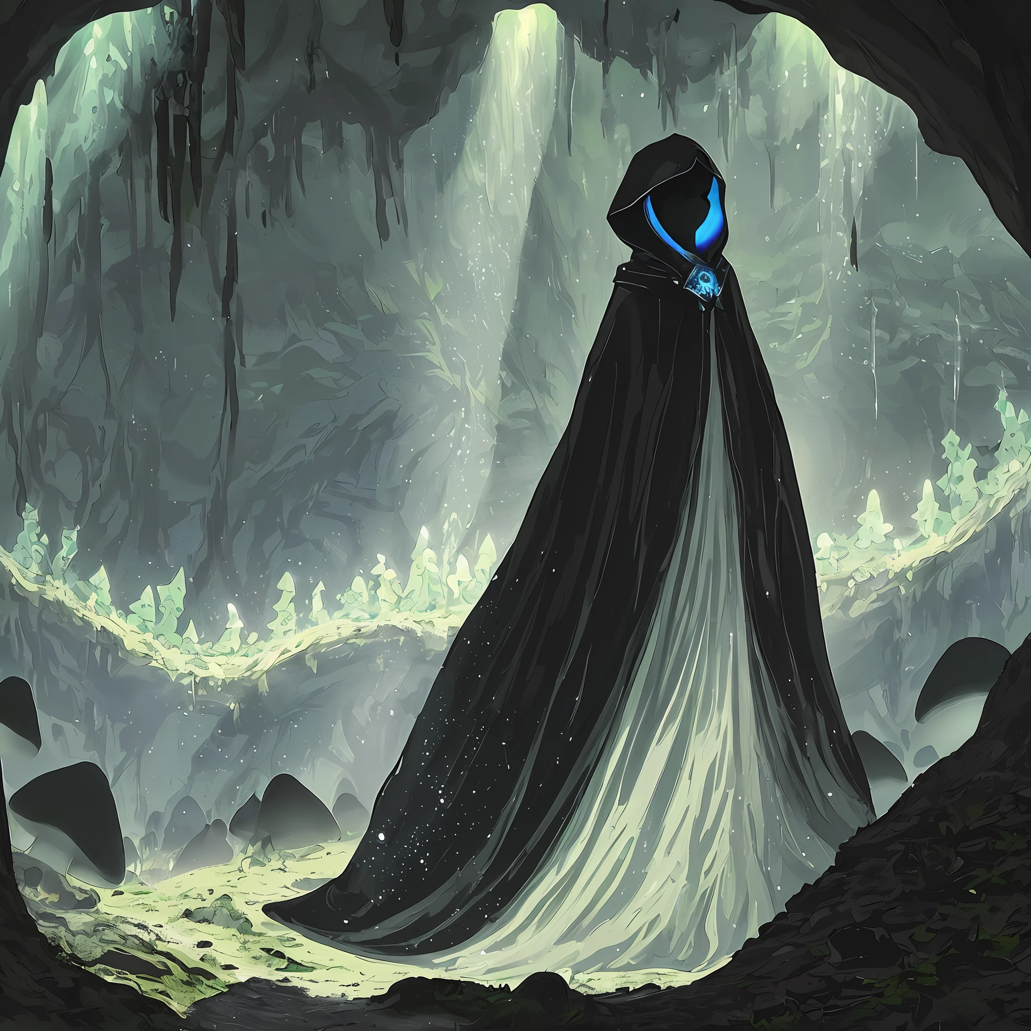 very detailed illustration, a mysterious woman in the foreground (maron hood, looking at the ground, exploring), inside a dark cave (black stone, pointed), many mushrooms on the ground(emit radiant green light), some crystalline stones on the walls (blue, diffuse glow), jet of water (translucent, falls horizontally from above), orange light(very dense, very intense,  enters through the roof of the cave), roots in the cracks of the walls (black, very thin), light fog throughout the room, scenery with very dark night light, very dark and elongated shadows