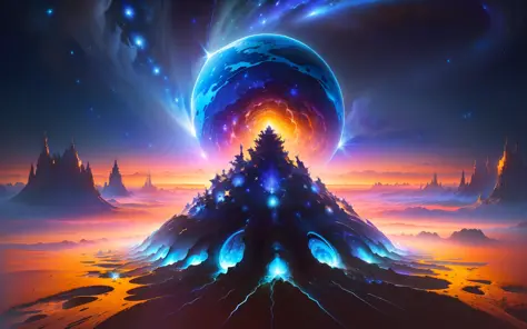 (anthill) (best quality, masterpiece), (magical, charming, beautiful blue planet), (transformation, explosion), (bright star), (ultra-detailed details, dynamic camera), (wide view), (celestial illumination), (vibrant color and saturation)