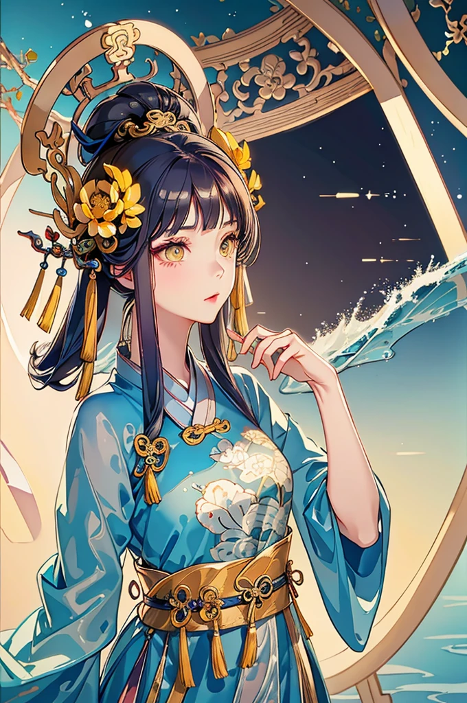 best quality, intricate details, highres,(beautiful detailed water:1.4),(hanfu, tang style),yellow eyes,(1girl in glass jar:1.1),