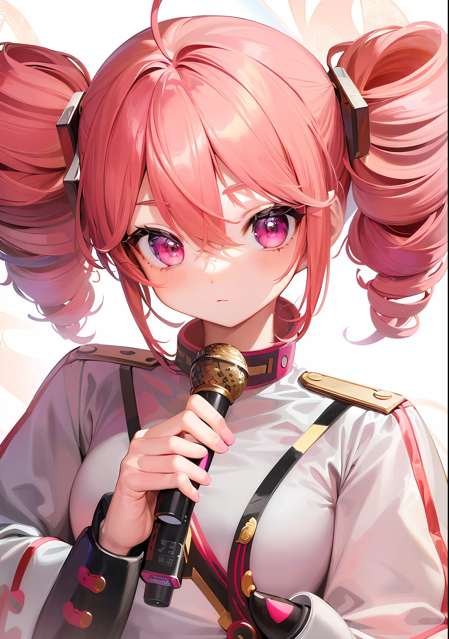 ((Masterpiece:1.2, Superlative)), Super Precision, Super Precision, Super Precision, (Zentangle:1.2), (Dynamic Pose), (Abstract Background:1.5), Anime Girl with Pink Hair in Uniform Holding a Microphone, Kasane Teto Fan Art, (Anime Girl), Anime Moe Art Style, Pink Twintail Hair, Waifu, Official Illustration, Portrait of Anime Girl