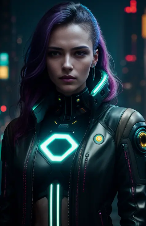 cyberpunk portrait photography, beautiful young woman looking off camera in glowing futuristic jacket, super realistic face, eyes visible through hair, proper eye position, natural skin, soft light, rim light, hips, in road side, detailed background, intricate , highly detail, octane render, HD, 8k, by Annie Leibovitz,120mm