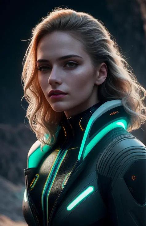 portrait photography, beautiful young woman looking off camera in glowing futuristic jacket, super realistic face, eyes visible through hair, proper eye position, natural skin, soft light, rim light, hips, in a hill, detailed background, intricate , highly detail, octane render, HD, 8k, by Annie Leibovitz,120mm